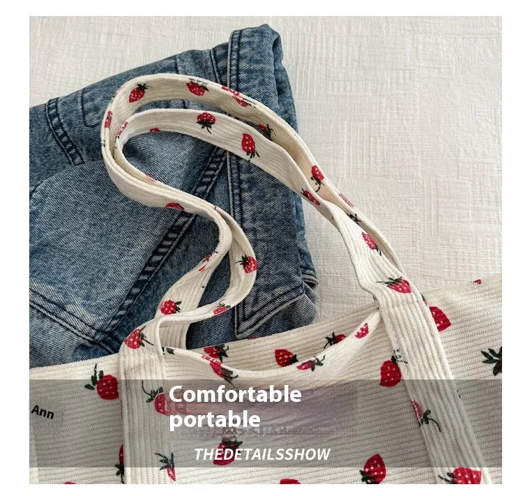 Cute Strawberry Corduroy Tote Bag
