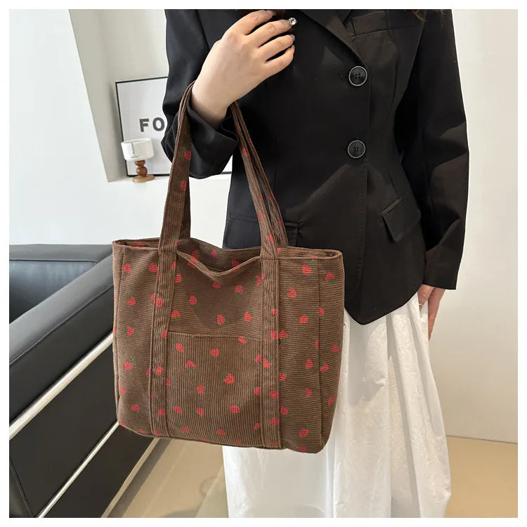 Cute Strawberry Corduroy Tote Bag
