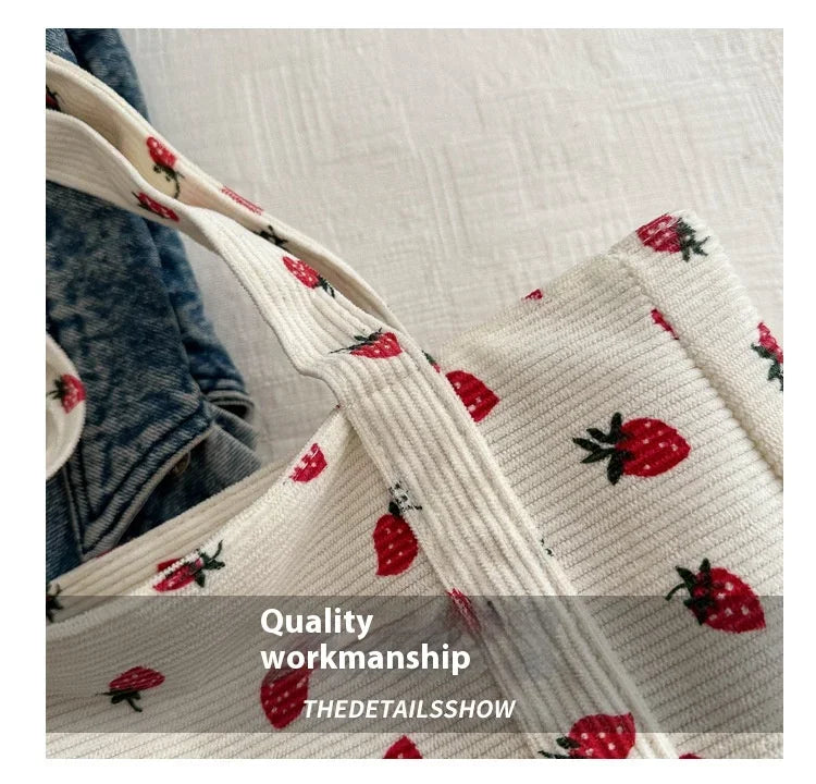Cute Strawberry Corduroy Tote Bag