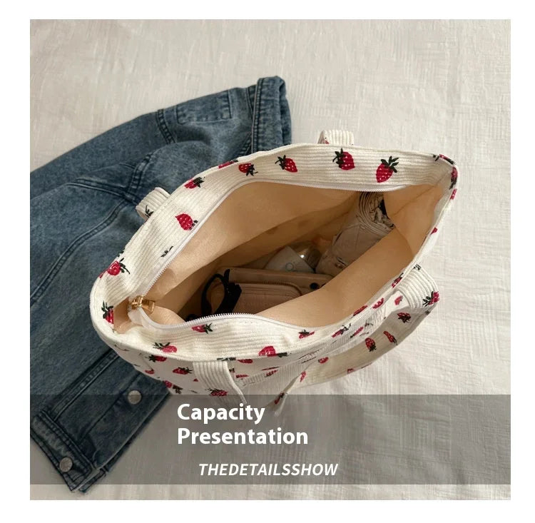 Cute Strawberry Corduroy Tote Bag