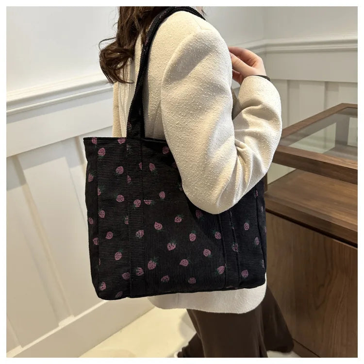 Cute Strawberry Corduroy Tote Bag