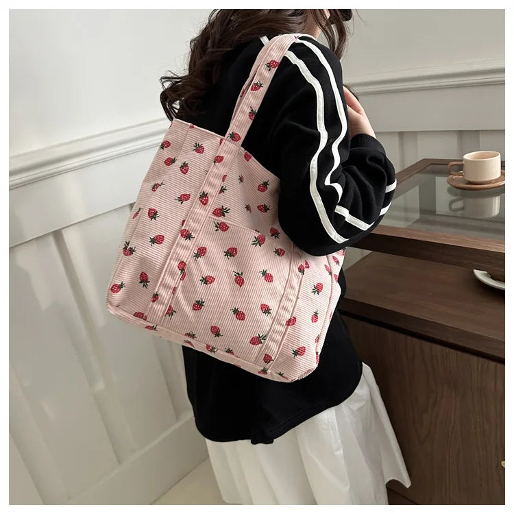 Cute Strawberry Corduroy Tote Bag