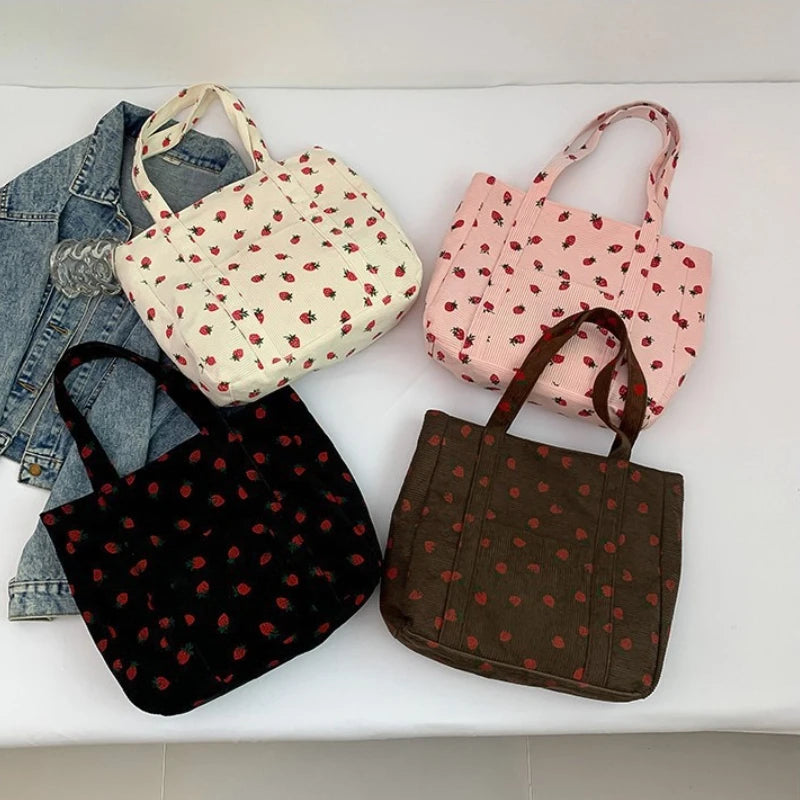 Cute Strawberry Corduroy Tote Bag