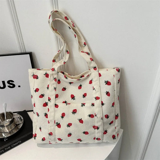 Cute Strawberry Corduroy Tote Bag