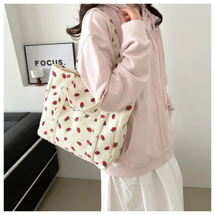 Cute Strawberry Corduroy Tote Bag