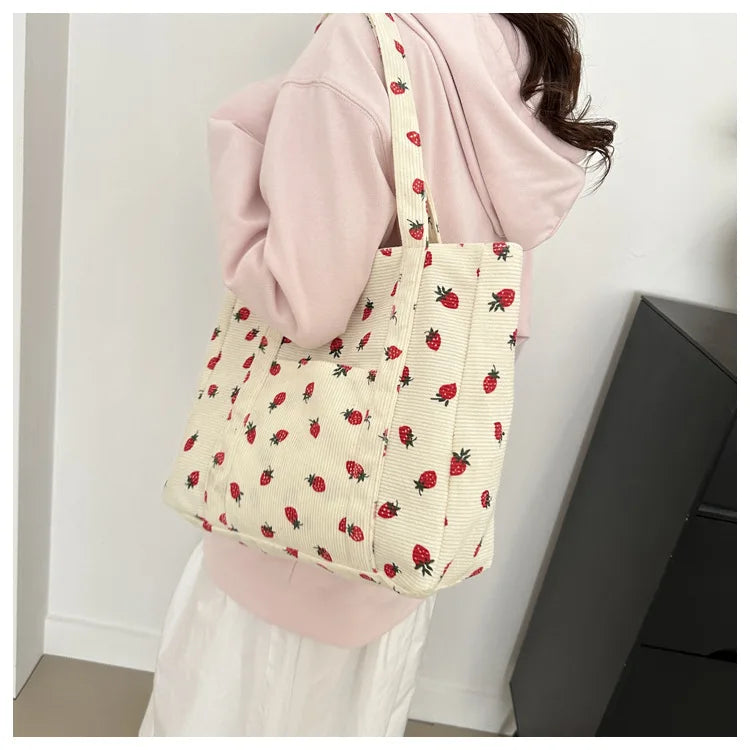Cute Strawberry Corduroy Tote Bag