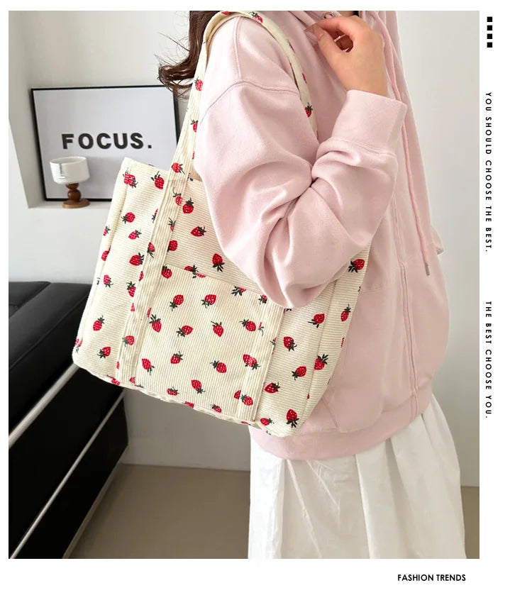 Cute Strawberry Corduroy Tote Bag