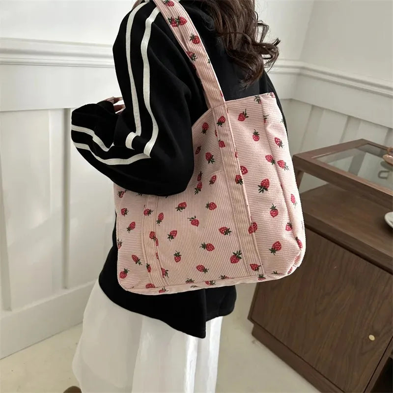 Cute Strawberry Corduroy Tote Bag