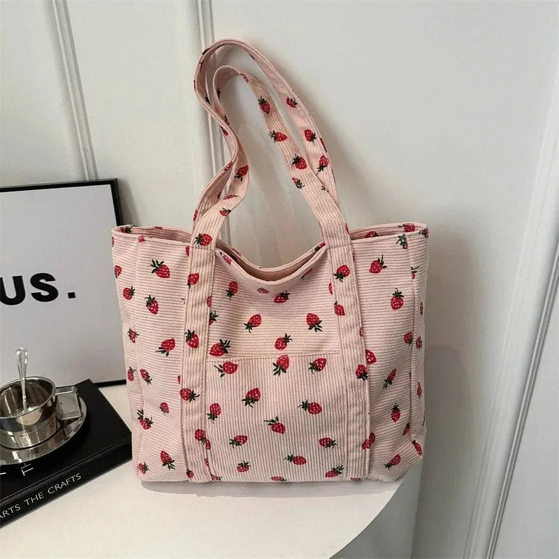 Cute Strawberry Corduroy Tote Bag