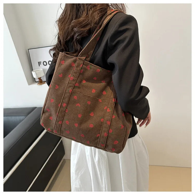 Cute Strawberry Corduroy Tote Bag