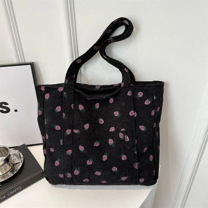 Cute Strawberry Corduroy Tote Bag