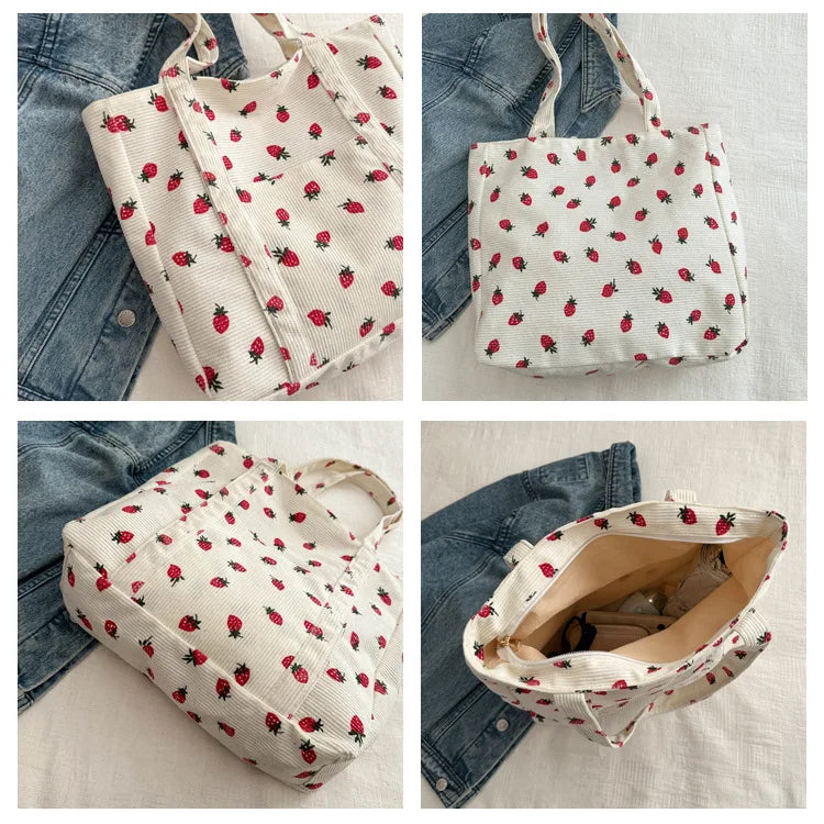 Cute Strawberry Corduroy Tote Bag