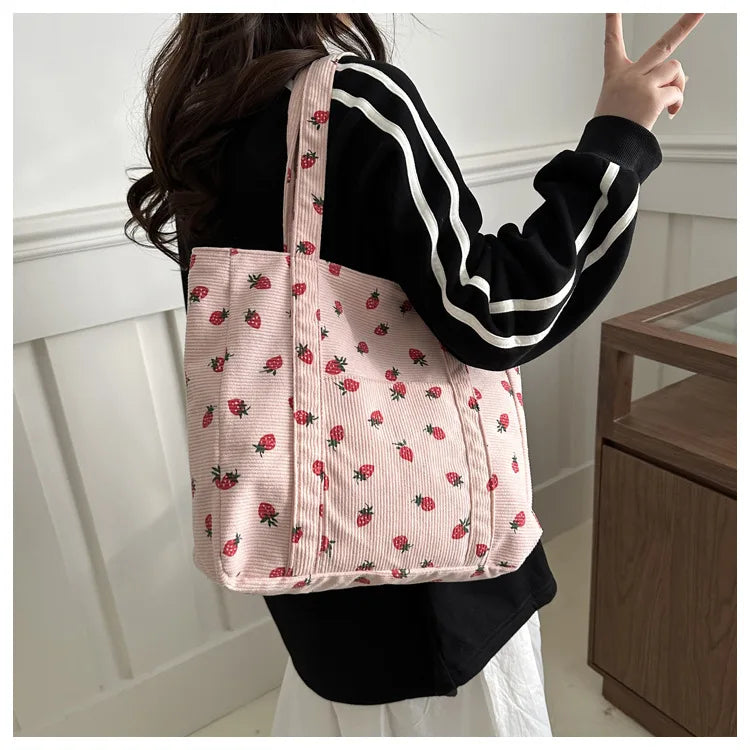 Cute Strawberry Corduroy Tote Bag