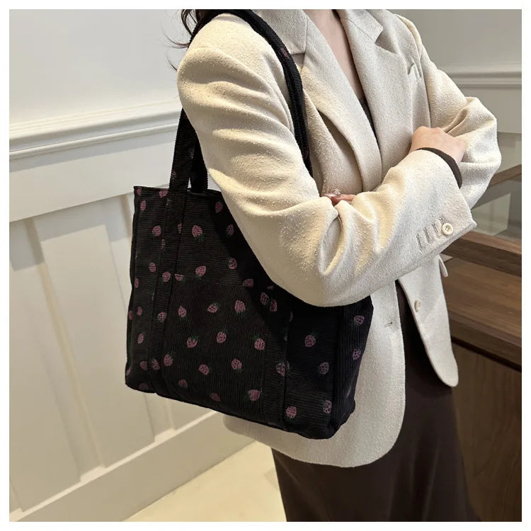 Cute Strawberry Corduroy Tote Bag