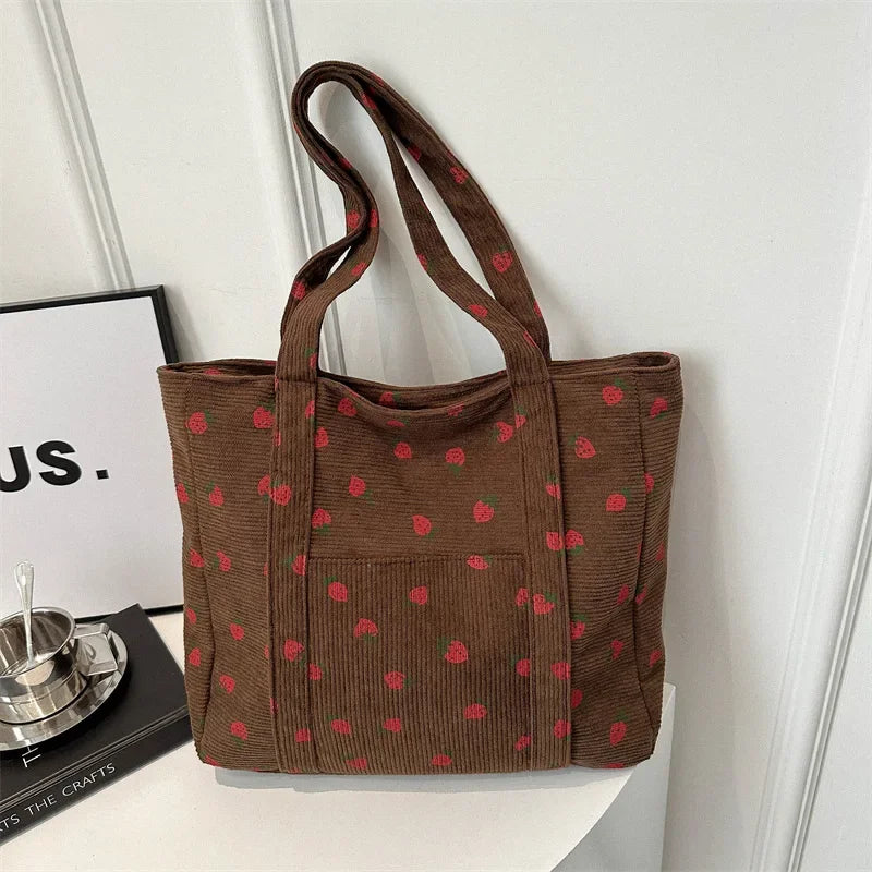 Cute Strawberry Corduroy Tote Bag