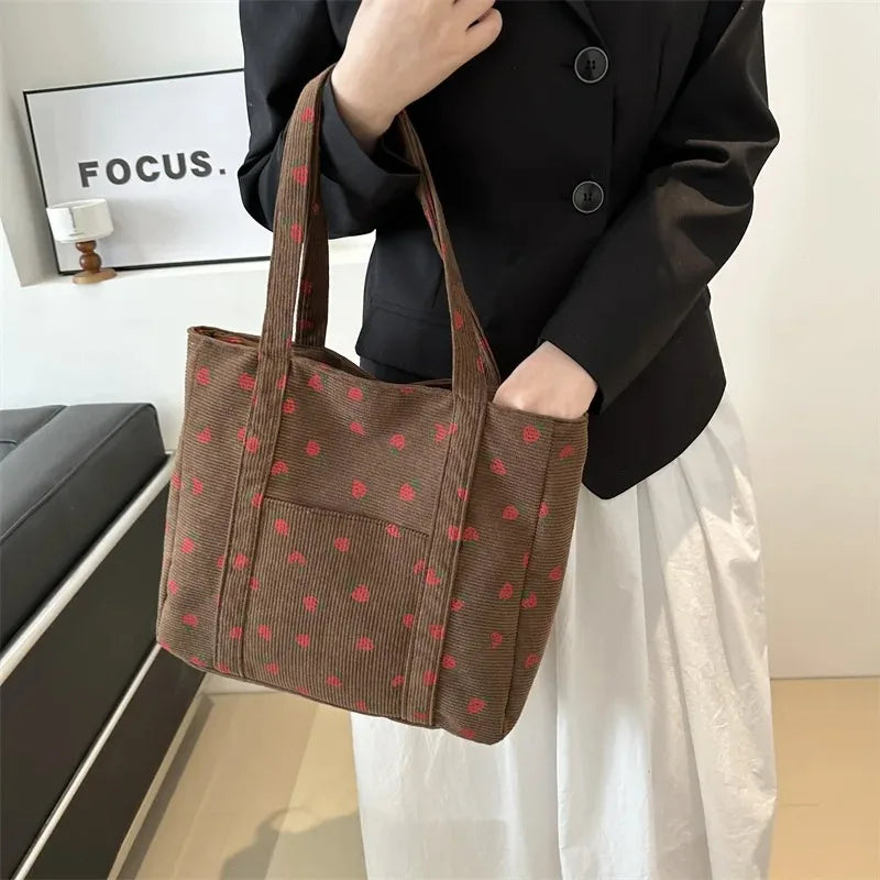 Cute Strawberry Corduroy Tote Bag